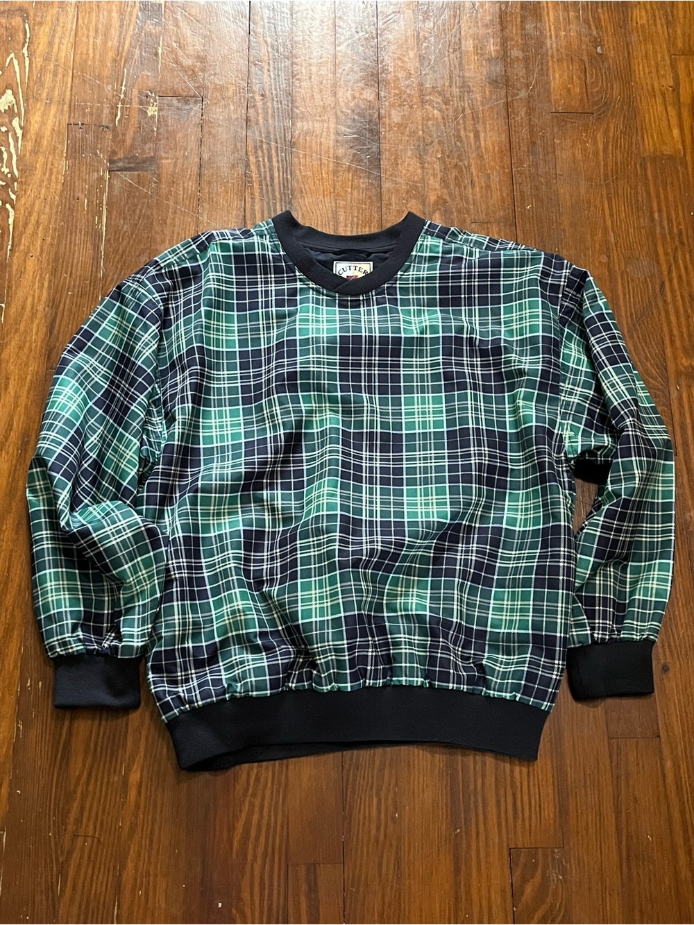 Cutter & Buck Green and Navy Plaid Crewneck Golf Windbreaker